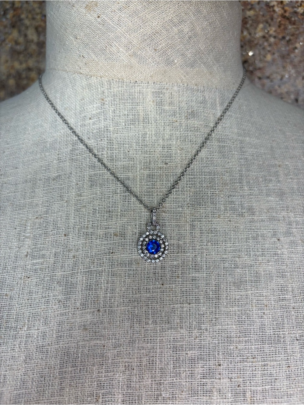 Vintage Sterling Silver Blue Sapphire CZ Double Halo Pendant Necklace Elegant